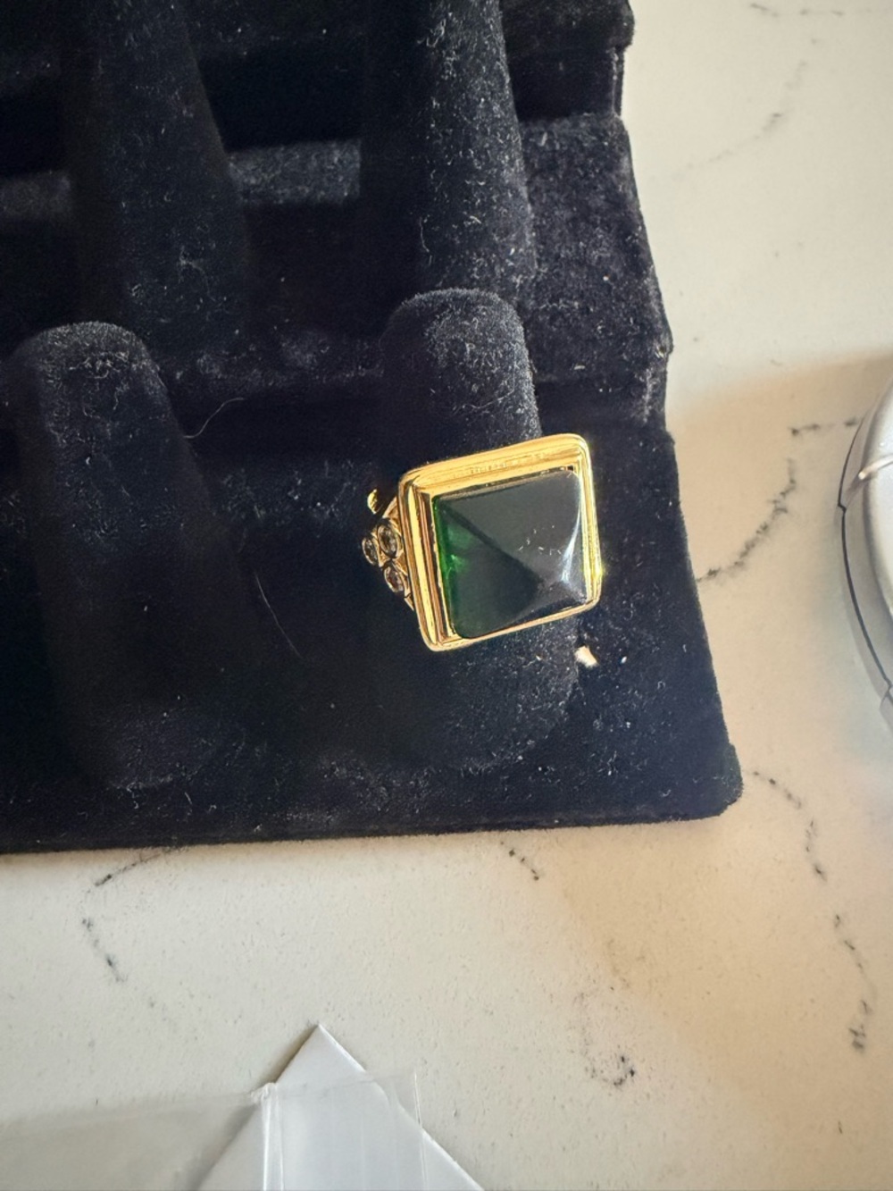 Rivka Friedman Gold Ring with Dark Green Pyramid Stone